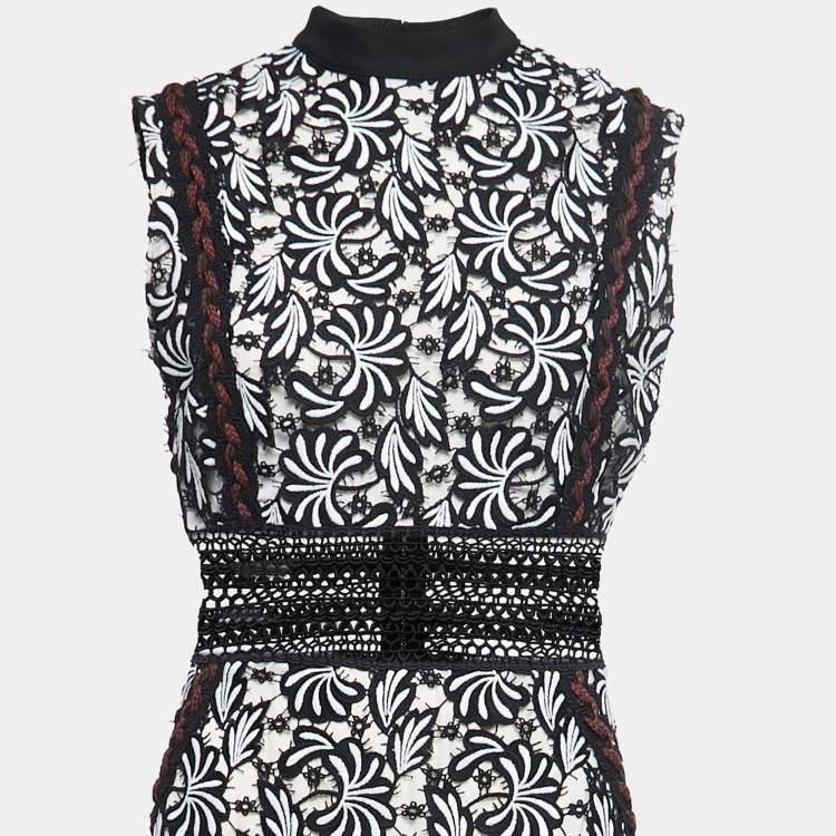 Pre Owned Self-Portrait Black/White Guipure Lace Sleeveless Midi Dress M