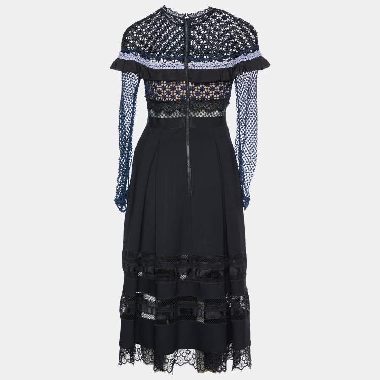 Pre Owned Self-Portrait Black Crepe & Lace Trim Midi Dress M