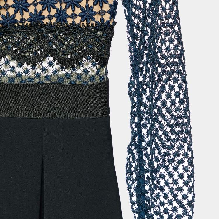 Pre Owned Self-Portrait Black Crepe & Lace Trim Midi Dress M
