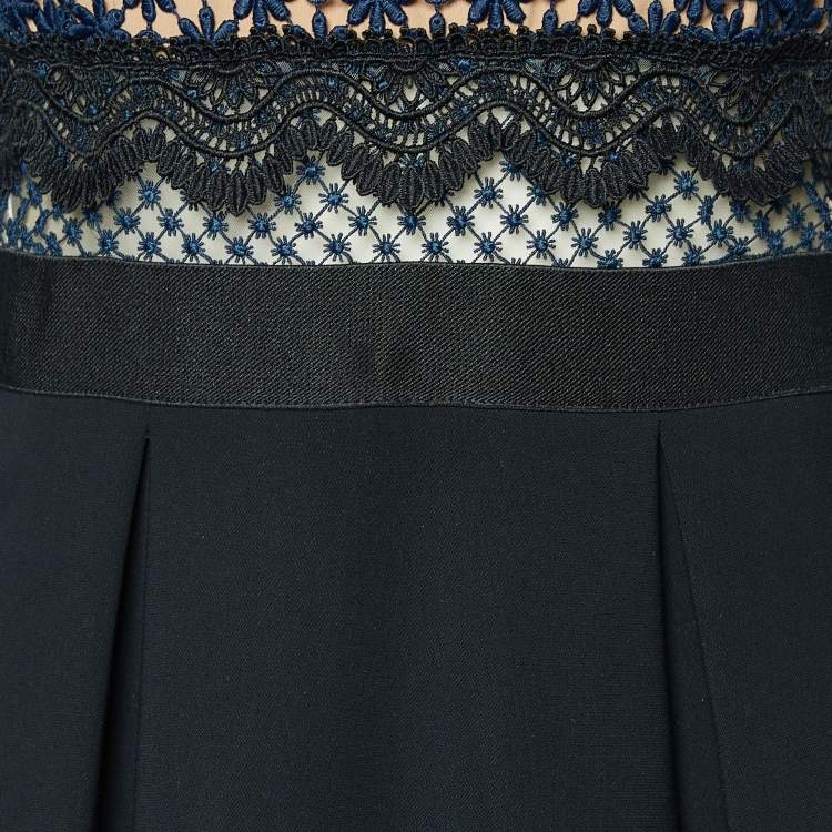 Pre Owned Self-Portrait Black Crepe & Lace Trim Midi Dress M