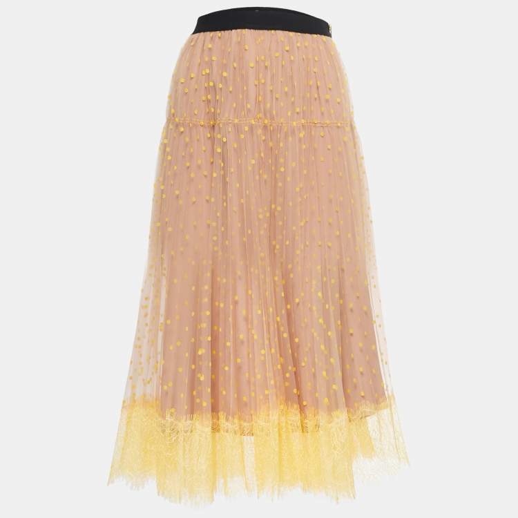 Pre Owned Self-Portrait Beige/Yellow Dotted Tulle Lace Trimmed Elasticized Waist Midi Skirt S