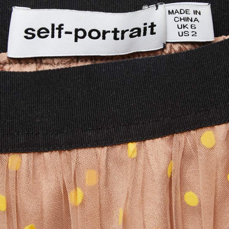Pre Owned Self-Portrait Beige/Yellow Dotted Tulle Lace Trimmed Elasticized Waist Midi Skirt S