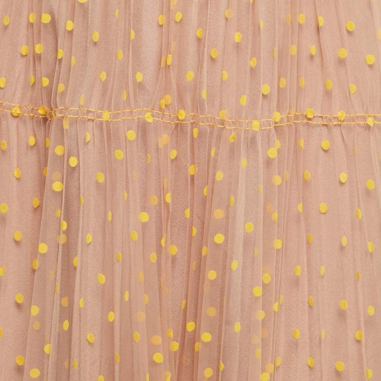 Pre Owned Self-Portrait Beige/Yellow Dotted Tulle Lace Trimmed Elasticized Waist Midi Skirt S