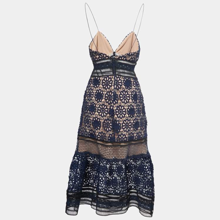 Self-Portrait Navy Guipure Floral Lace Overlay Strappy Midi Dress S