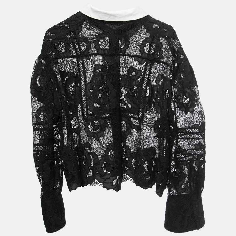 Pre Owned Self-Portrait Black Guipure Floral Lace Collared Shirt L