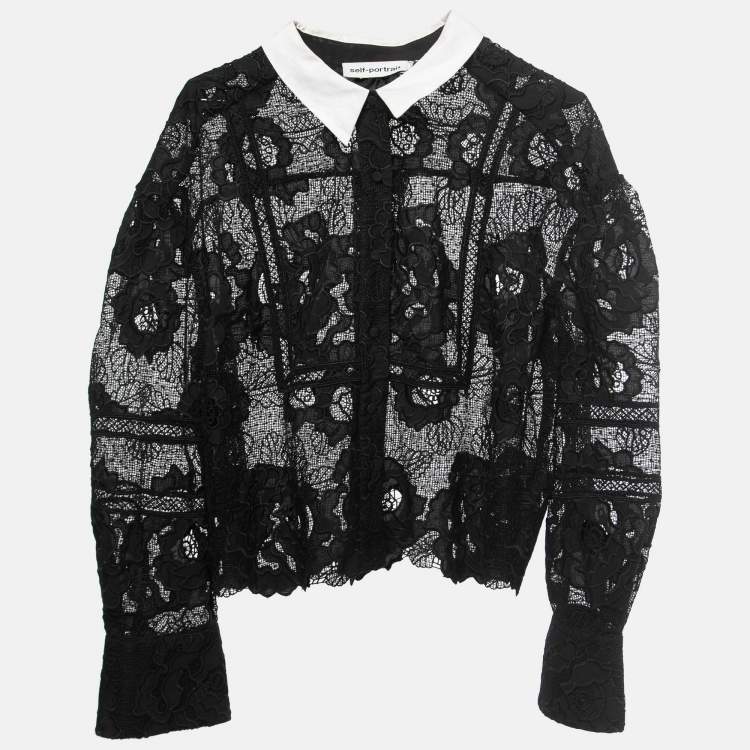 Pre Owned Self-Portrait Black Guipure Floral Lace Collared Shirt L