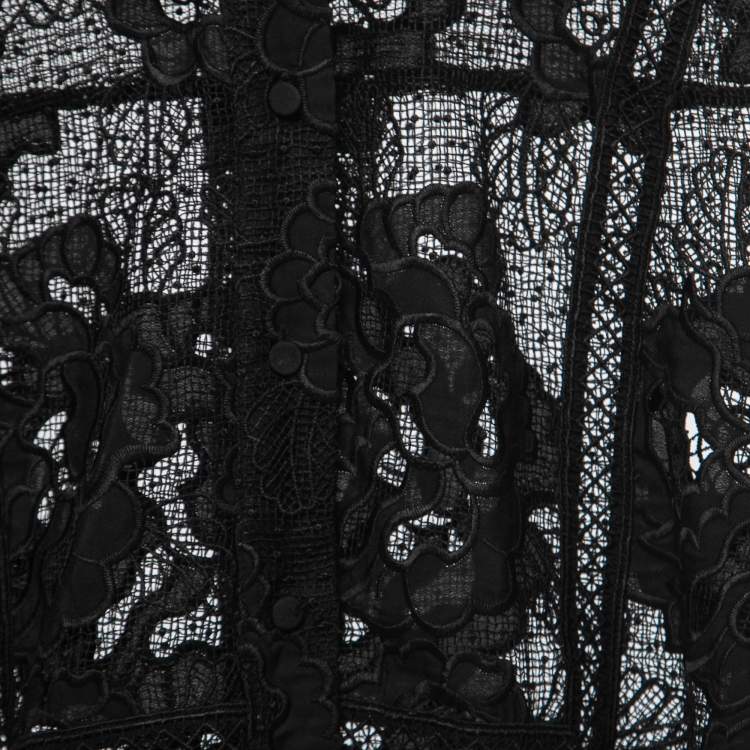 Pre Owned Self-Portrait Black Guipure Floral Lace Collared Shirt L