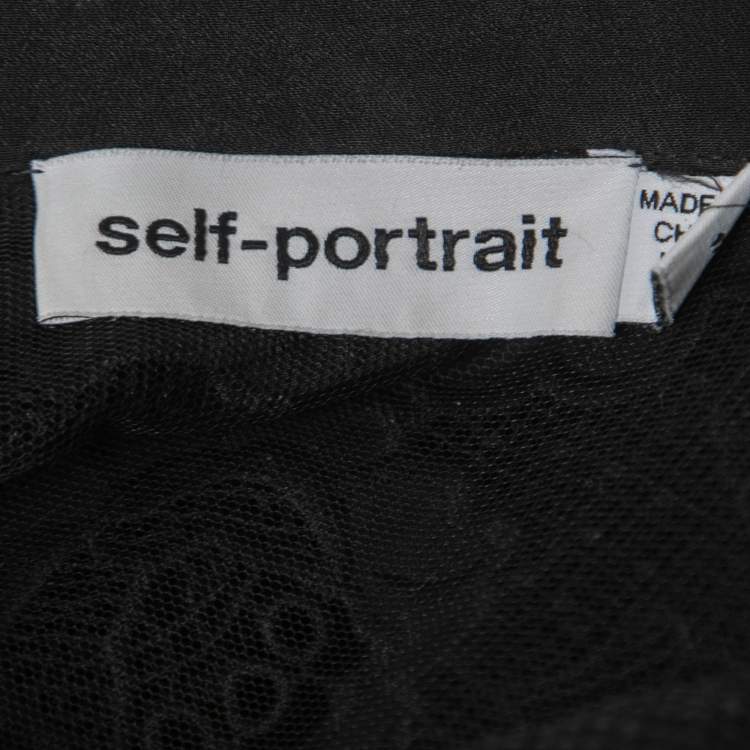 Pre Owned Self-Portrait Black Guipure Floral Lace Collared Shirt L