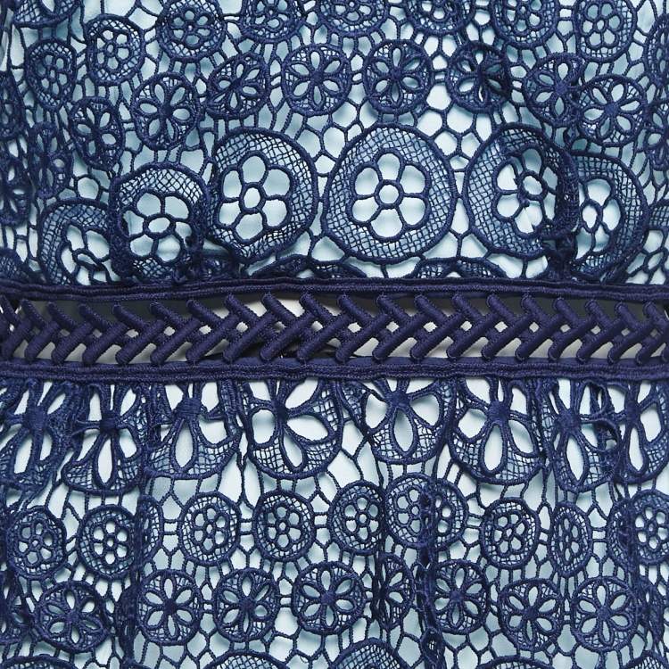 Pre Owned Self-Portrait Blue Lace V-Neck Sleeveless Mini Dress M