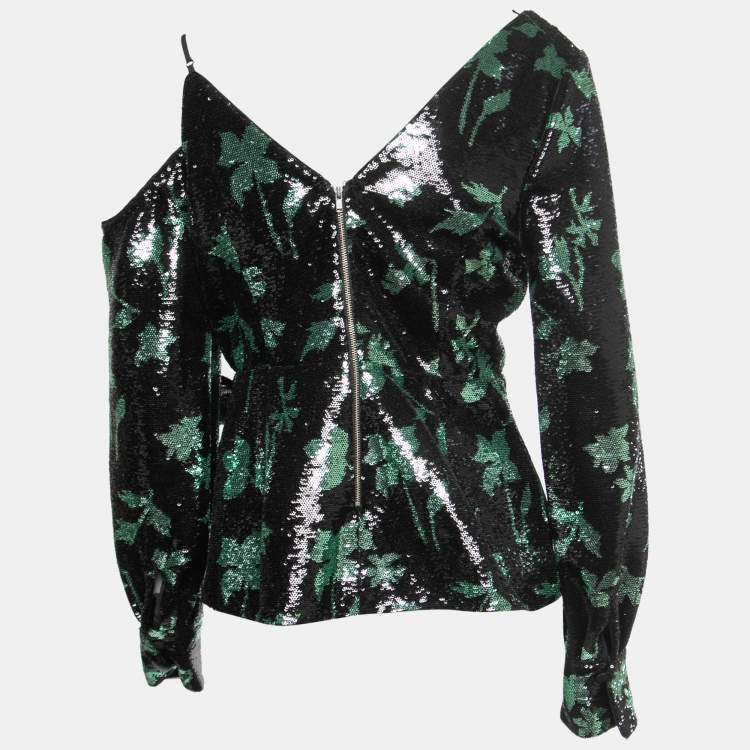 Pre Owned Self-Portrait Black/Green Leaf Dequined Asymmetrical Top M