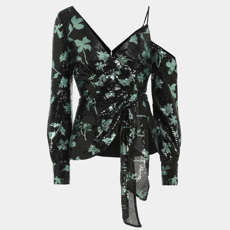 Pre Owned Self-Portrait Black/Green Leaf Dequined Asymmetrical Top M
