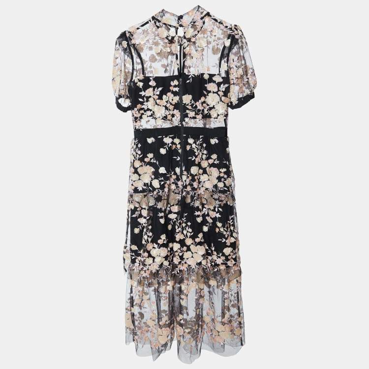 Pre Owned Self-Portrait Black Embellished Tulle Tiered Midi Dress M