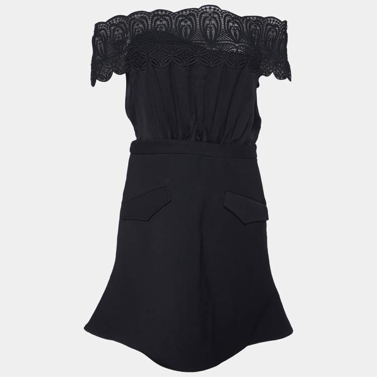 Pre Owned Self-Portrait Black Crepe & Lace Off Shoulder Mini Dress M