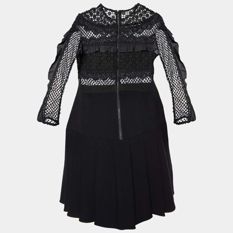 Pre Owned Self-Portrait Black Lace & Crepe Long Sleeve Mini Dress M