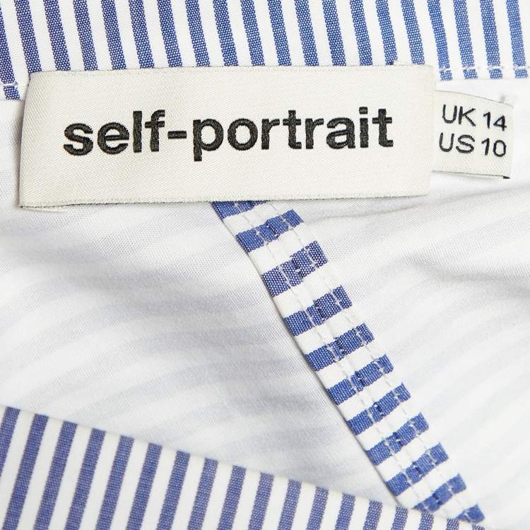 Pre Owned Self Portrait Blue and White Striped Ruffle Detail Off Shoulder Asymmetric Shirt L