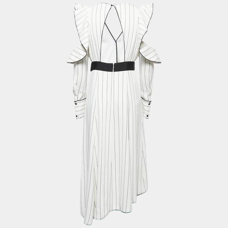 Pre Owned Self-Portrait White Striped Crepe Belted Midi Dress M