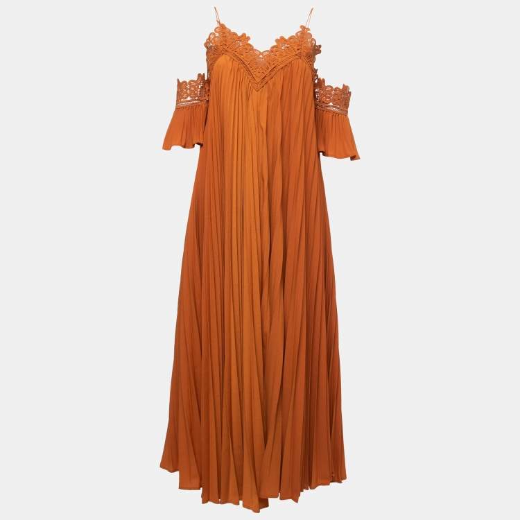 Pre Owned Self-Portrait Orange Pleated Crepe Lace Trimmed Midi Dress S