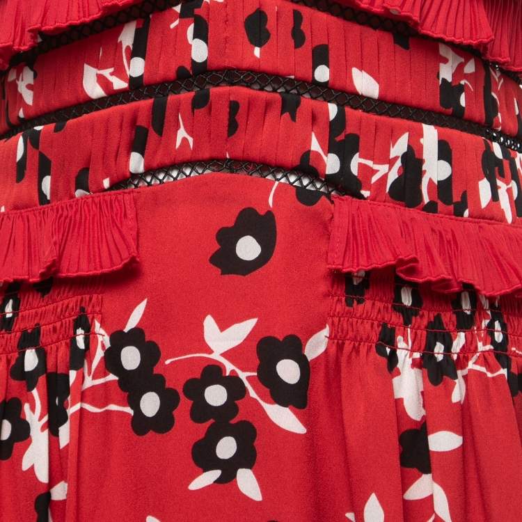 Pre Owned Self-Portrait Red Floral Printed Crepe Ruffled Mini Dress M