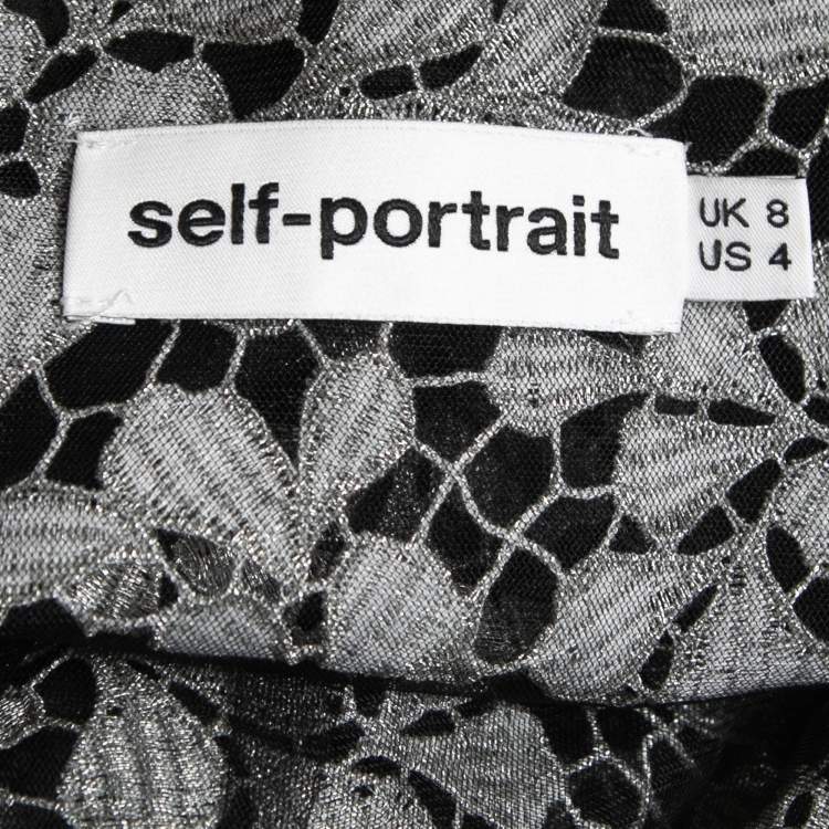 Pre Owned Self-Portrait Black Lace Tulle Overlay Feather Trim Top S