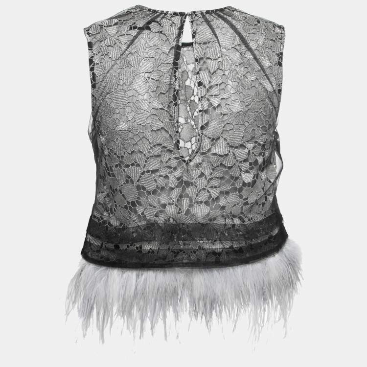 Pre Owned Self-Portrait Black Lace Tulle Overlay Feather Trim Top S