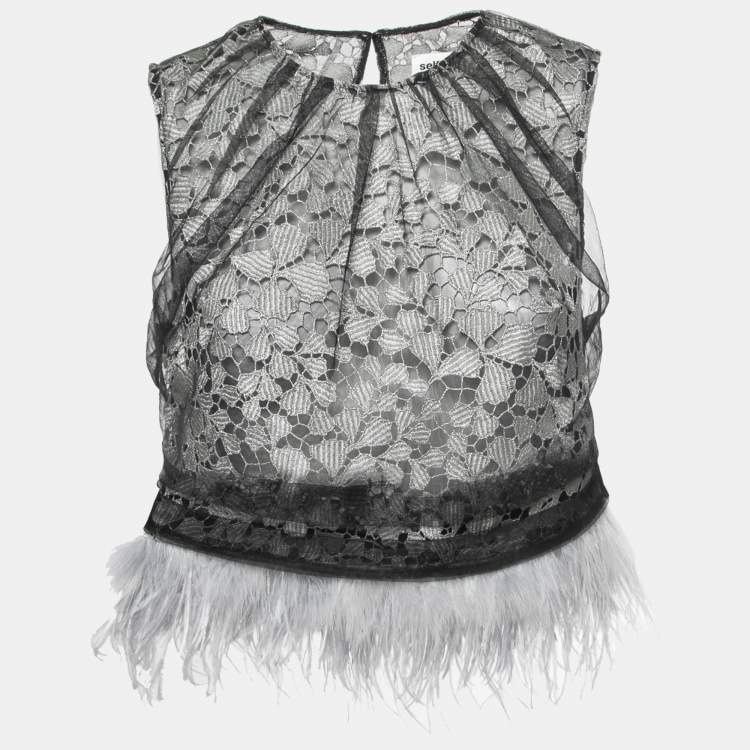 Pre Owned Self-Portrait Black Lace Tulle Overlay Feather Trim Top S