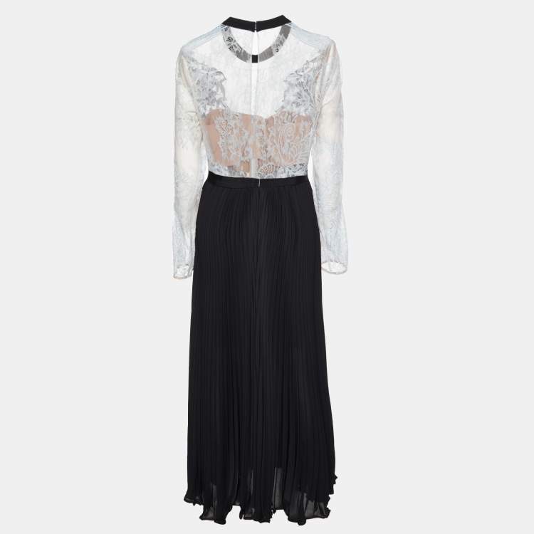 Pre Owned Self-Portrait Blue Lace & Black Pleated Crepe Applique Detail Moni Maxi Dress L