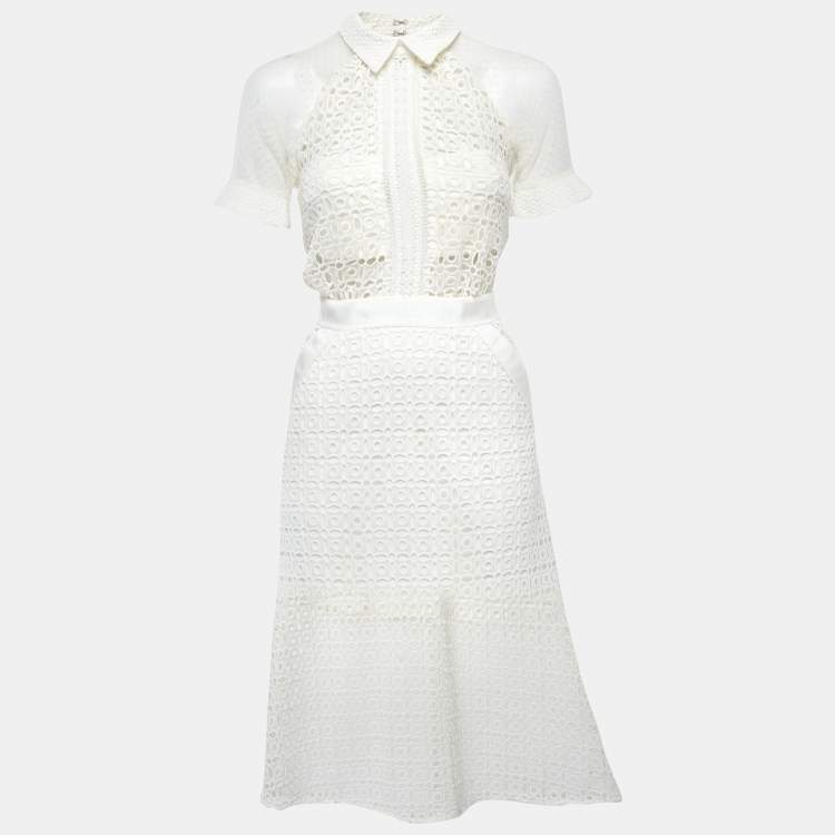 Pre Owned Self-Portrait Off White Guipure Lace Flared Midi Dress S