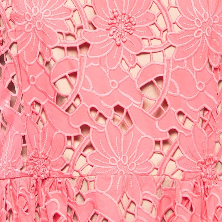 Pre Owned Self-Portrait Pink Floral Guipure Lace Midi Dress L