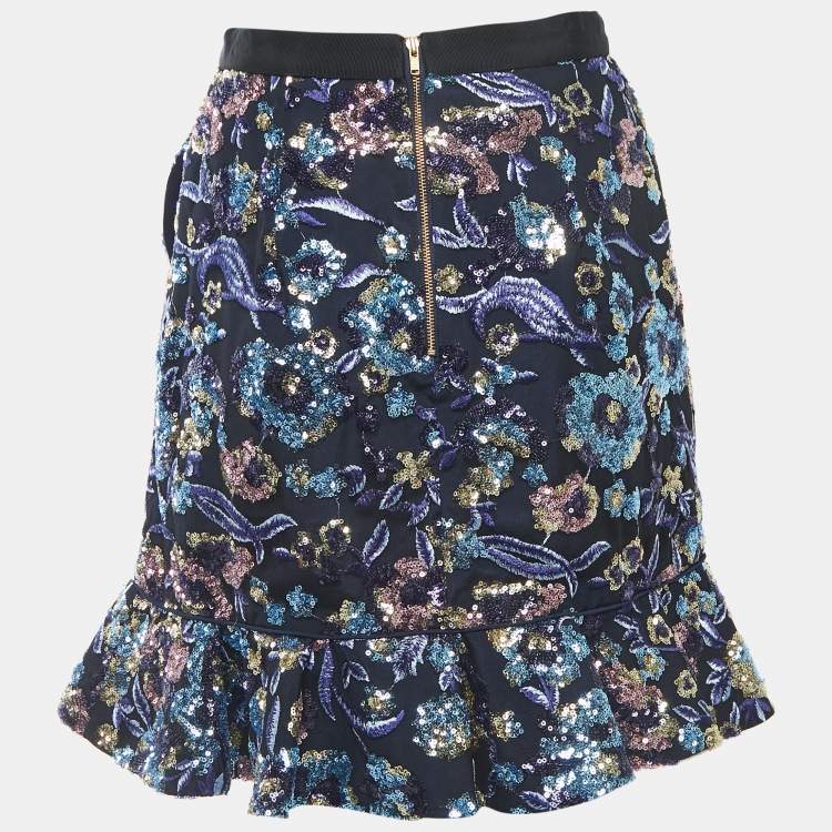 Pre Owned Self-Portrait Blue Floral Sequined Ruffled Mini Skirt S