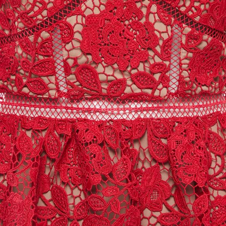 Pre Owned Self-Portrait Red Floral Lace Mini Dress L