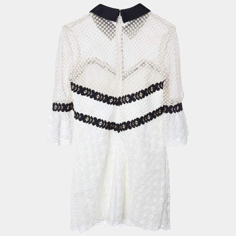 Pre Owned Self-Portrait White Lace Contrast Detail Mini Dress S