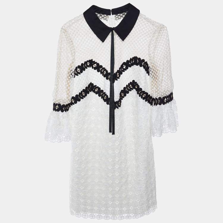 Pre Owned Self-Portrait White Lace Contrast Detail Mini Dress S