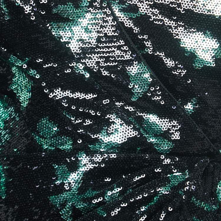 Pre Owned Self-Portrait Black/Green Leaf Sequined Nylon Tie Detail Long Sleeve Blouse S
