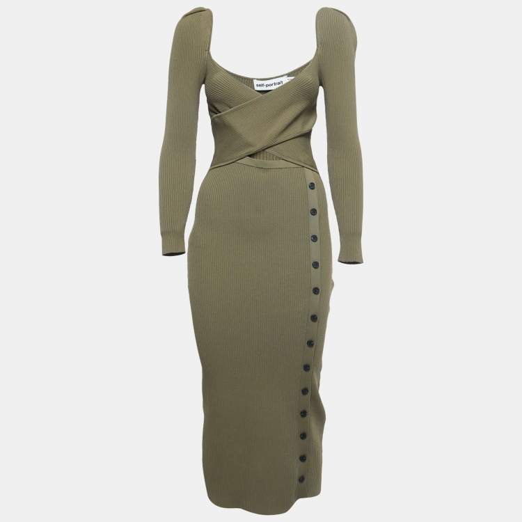 Pre Owned Self-Portrait Green Ribbed Knit Cutout Midi Dress M