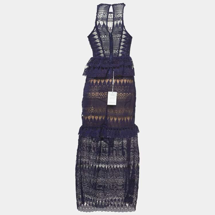 Pre Owned Self-Portrait Blue Tear Drop Guipure Lace Maxi Dress S