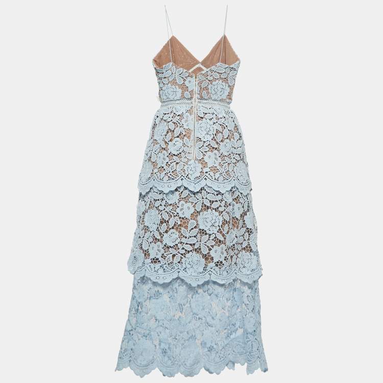 Pre Owned Self-Portrait Light Blue Floral Guipure Lace Strappy Midi Dress S