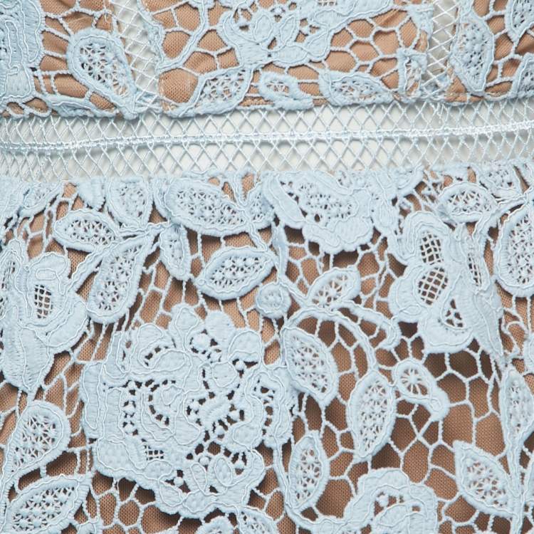 Pre Owned Self-Portrait Light Blue Floral Guipure Lace Strappy Midi Dress S