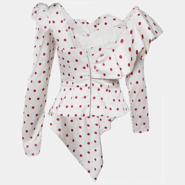 Pre Owned Self-Portrait White Polka Dot Printed Satin Draped Off Shoulder Top S