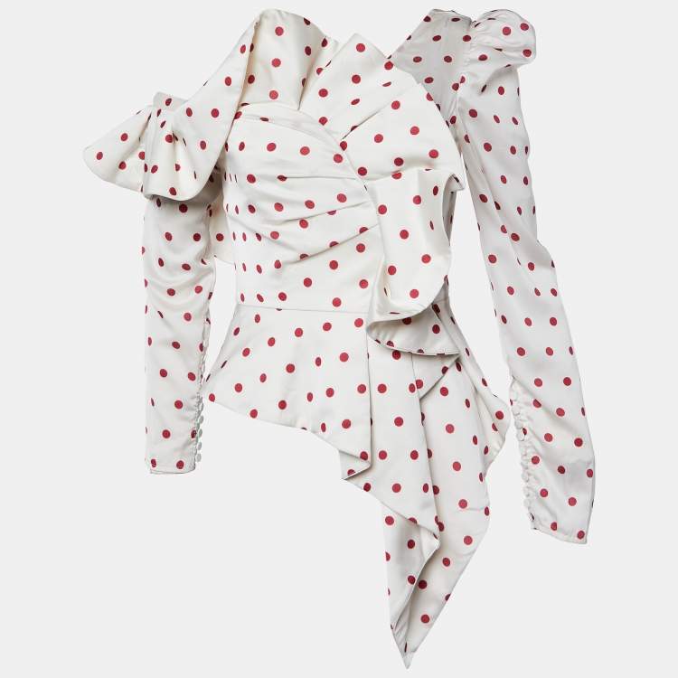 Pre Owned Self-Portrait White Polka Dot Printed Satin Draped Off Shoulder Top S