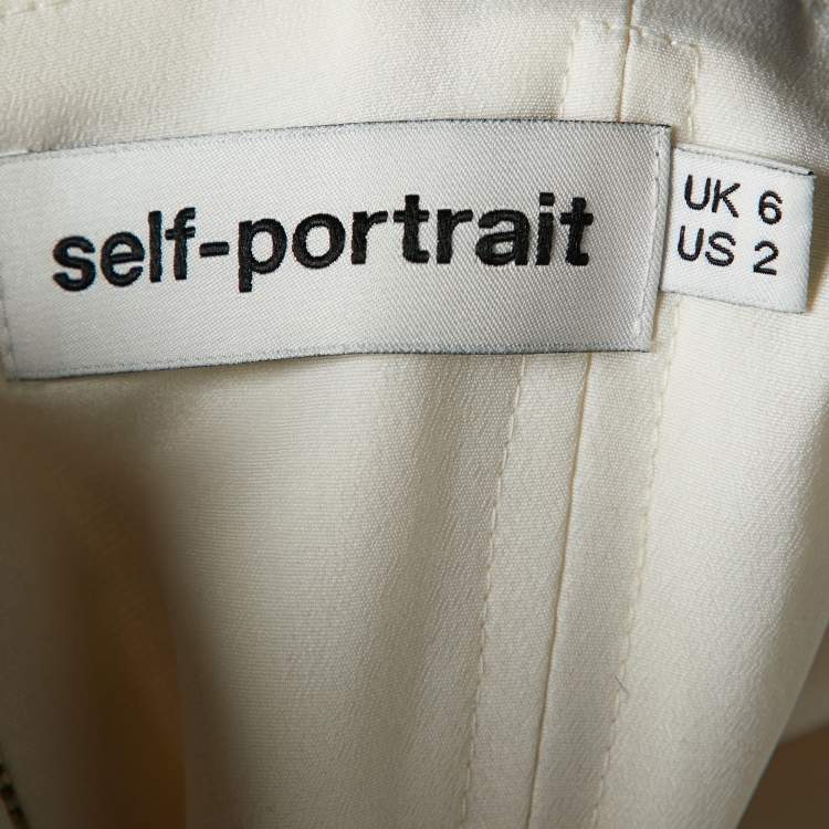 Pre Owned Self-Portrait White Polka Dot Printed Satin Draped Off Shoulder Top S