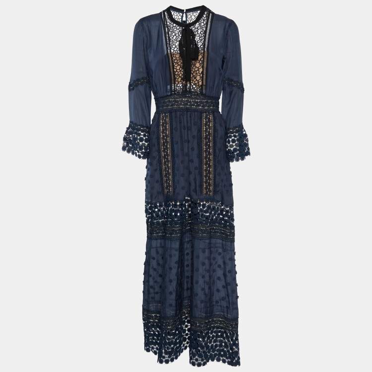 Pre Owned Self-Portrait Navy Blue Cotton & Lace Maxi Dress M