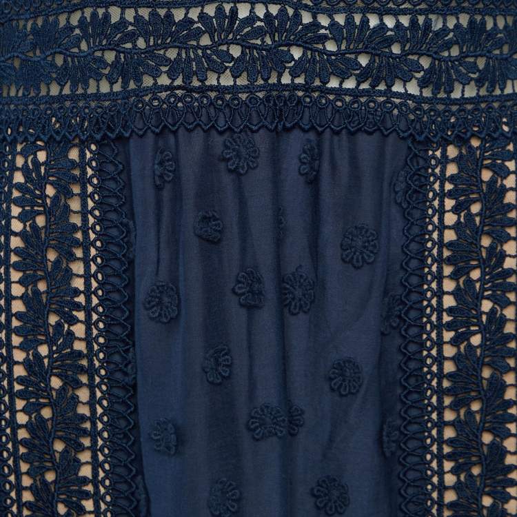 Pre Owned Self-Portrait Navy Blue Cotton & Lace Maxi Dress M