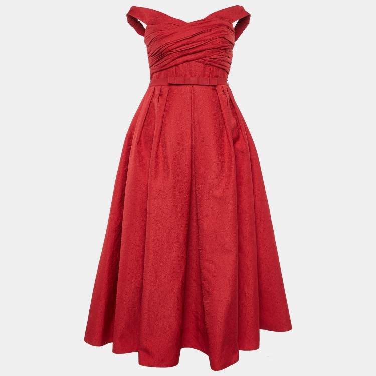Pre Owned Self-Portrait Red Textured Off-Shoulder Midi Dress S