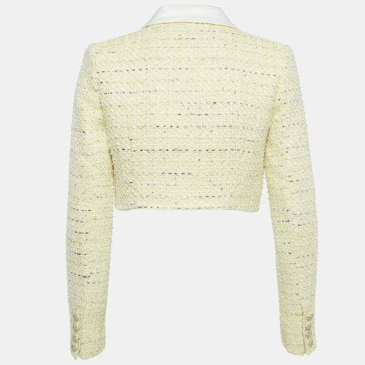 Pre Owned Self-Portrait Yellow Boucle Tweed Buttoned Crop Blazer S