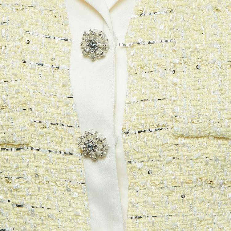 Pre Owned Self-Portrait Yellow Boucle Tweed Buttoned Crop Blazer S