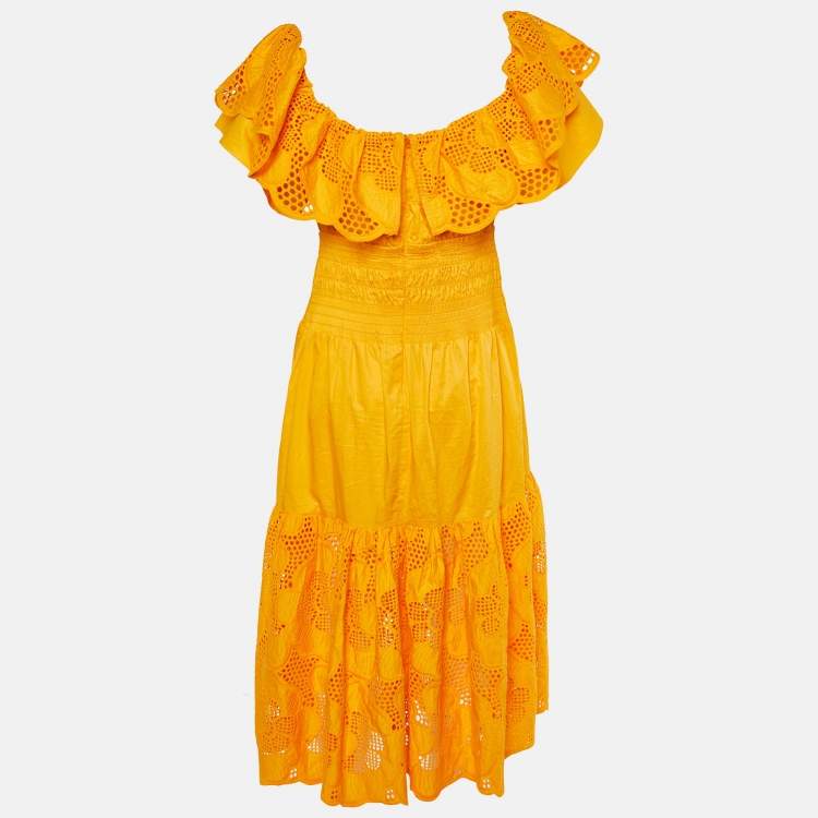 Pre Owned Self-Portrait Orange Floral Broderie Cotton Off-shoulder Dress M