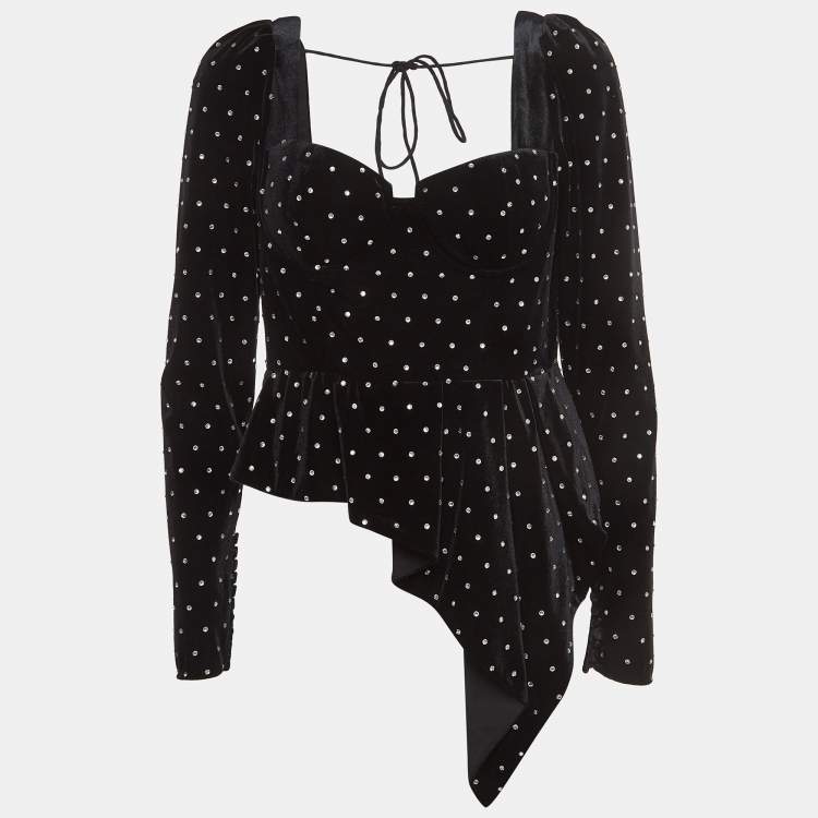 Pre Owned Self-Portrait Black Velvet Diamante Asymmetrical Top M