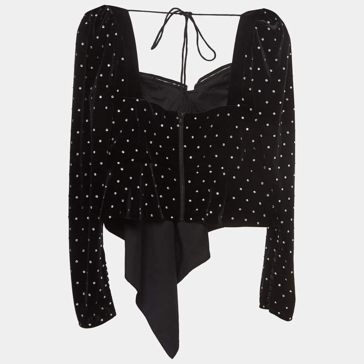 Pre Owned Self-Portrait Black Velvet Diamante Asymmetrical Top M