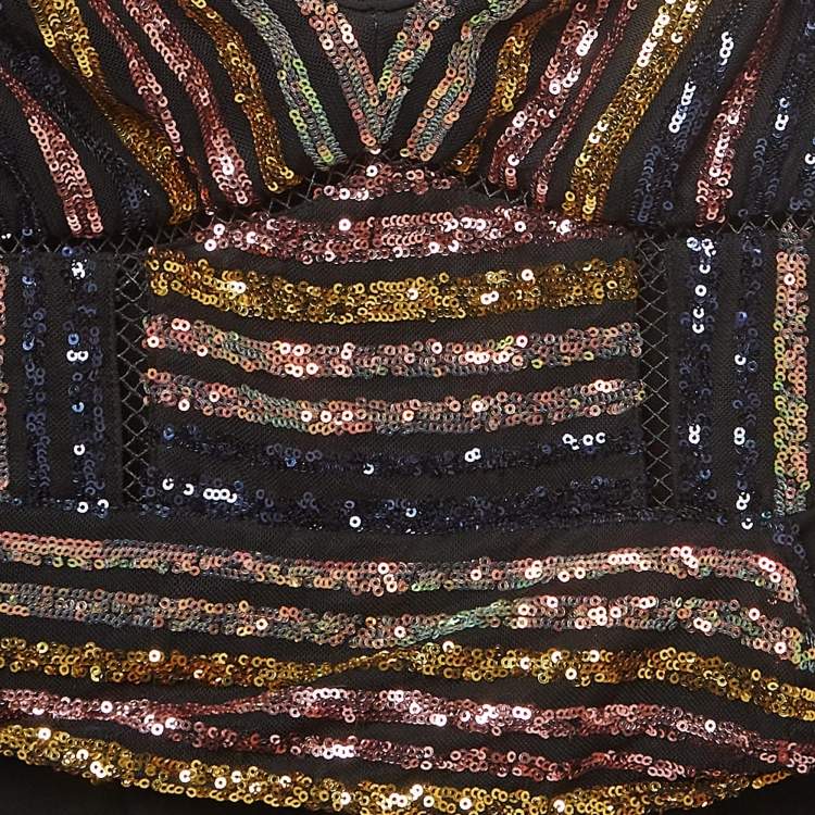 Pre Owned Self-Portrait Black Crepe and Mesh Sequin Stripe Detail Jumpsuit M