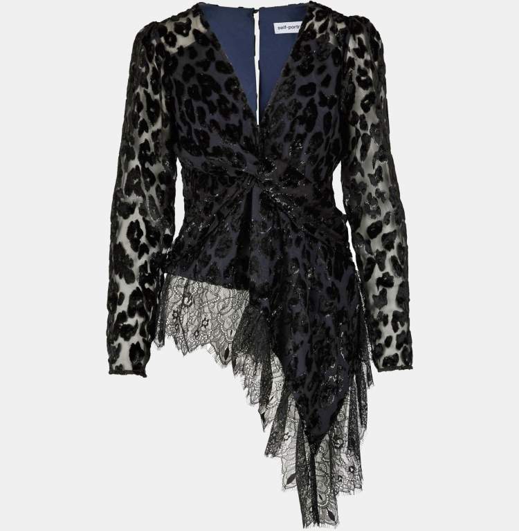Pre Owned Self-Portrait Black Metallic Devoré-Velvet Asymmetric Top S